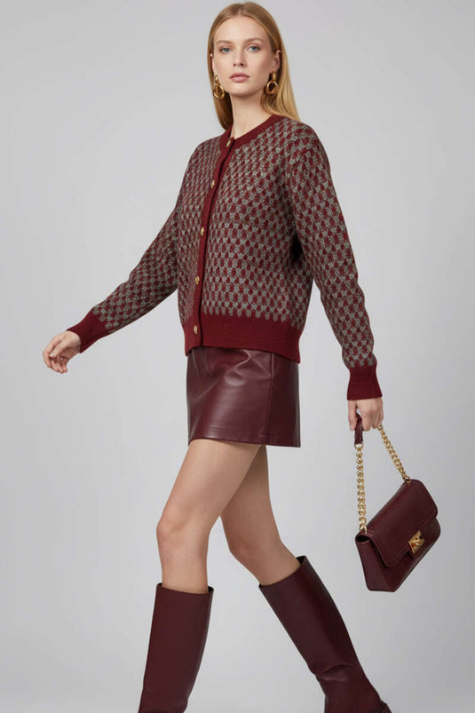 Patterned Gold Buttoned Knit Cardigan Red