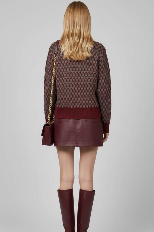 Patterned Gold Buttoned Knit Cardigan Red