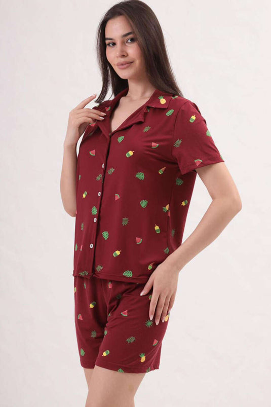 Patterned Shirt Collar Shorts Pajama Set, Burgundy