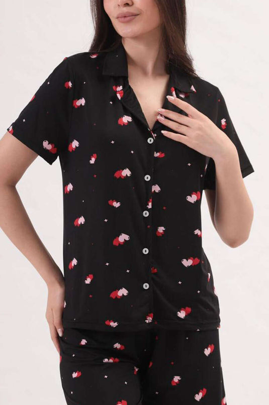Ensemble pyjama chemise à motifs, short et chemise à col, noir et rose poudré