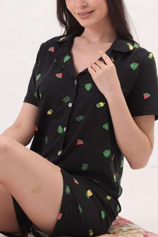 Patterned Shirt Collar Shorts Pajama Set Black Green