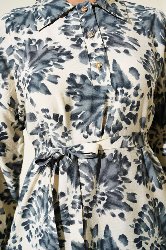 Patterned Shirt Collar Stone Button Dress Smoke Gray