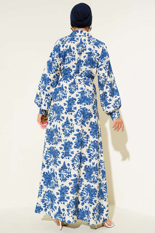 Patterned Shirt Collar Stone Buttoned Dress Indigo