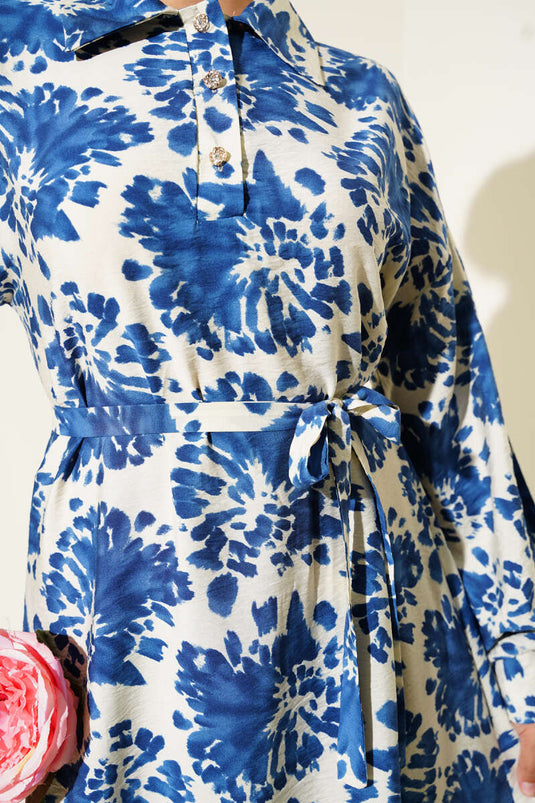Patterned Shirt Collar Stone Buttoned Dress Indigo