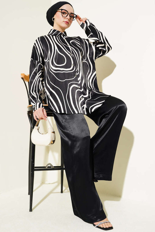 Patterned Shirt Casual Satin Two Piece Suit Black