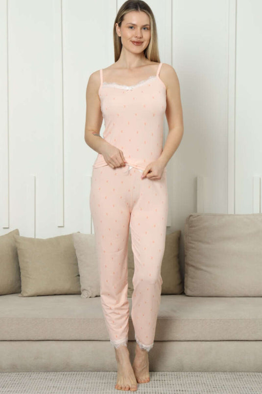 Desenli İp Askılı Dantelli Pijama Takımı Yavru Ağzı