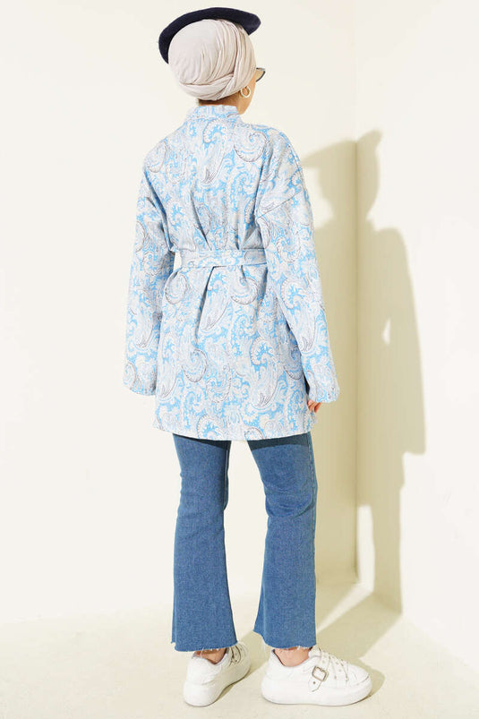 Patterned Rope Tied Kimono Blue