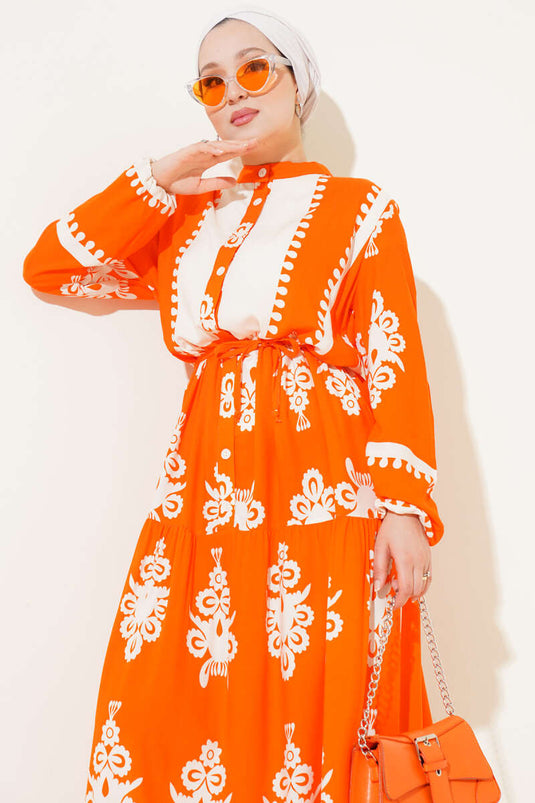 Patterned Rope Belted Buttoned Viscose Dress Orange
