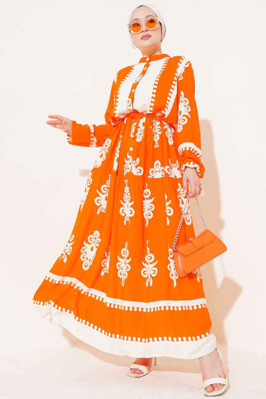 Patterned Rope Belted Buttoned Viscose Dress Orange
