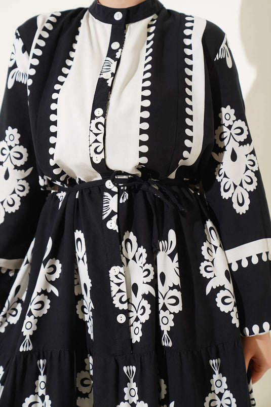 Patterned Rope Belted Buttoned Viscose Dress Black