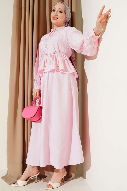 Patterned Rope Belted Skirt Two-Piece Set Pink