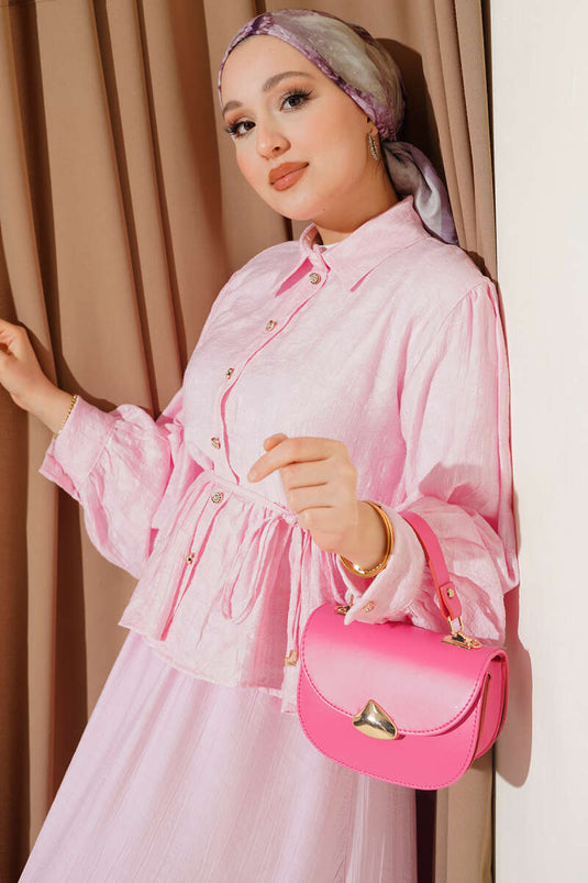 Patterned Rope Belted Skirt Two-Piece Set Pink