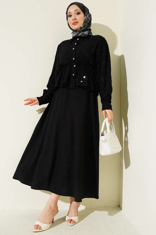 Ensemble Deux Pièces Jupe à Ceinture Cordon Imprimée Noir
