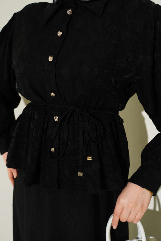 Ensemble Deux Pièces Jupe à Ceinture Cordon Imprimée Noir