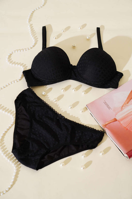 Desenli Jakar Desteksiz Sütyen Takım Siyah