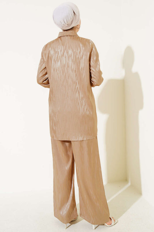 طقم تونيك جاكار منقوش مكون من قطعتين باللون البيج