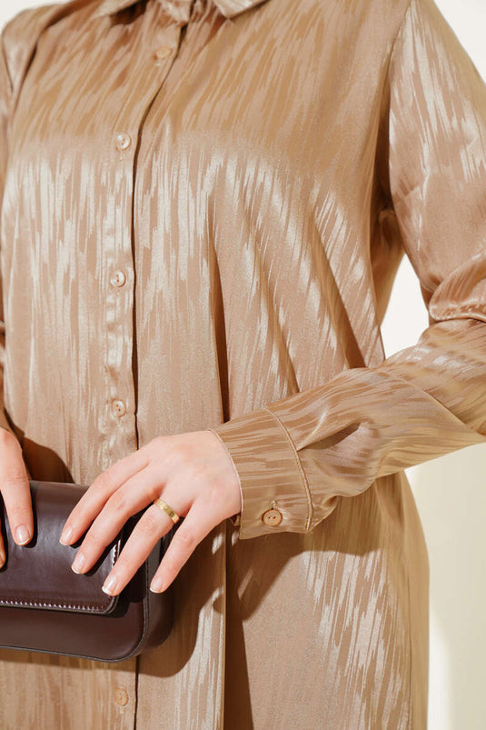 طقم تونيك جاكار منقوش مكون من قطعتين باللون البيج