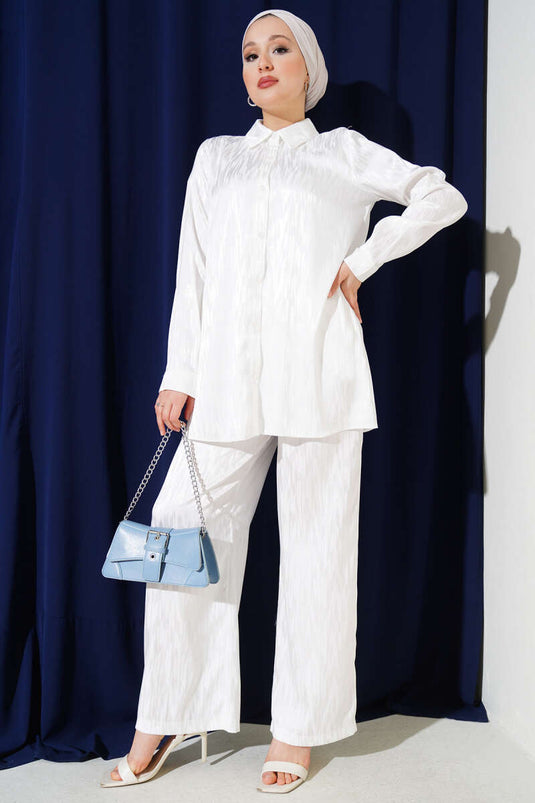 طقم تونيك جاكار منقوش مكون من قطعتين باللون الأبيض