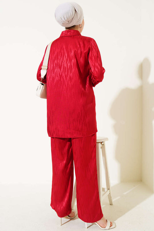 Patterned Jacquard Tunic Two-Piece Set Burgundy