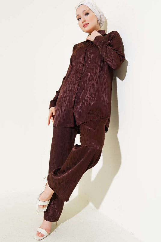 Patterned Jacquard Tunic Two-Piece Set Brown