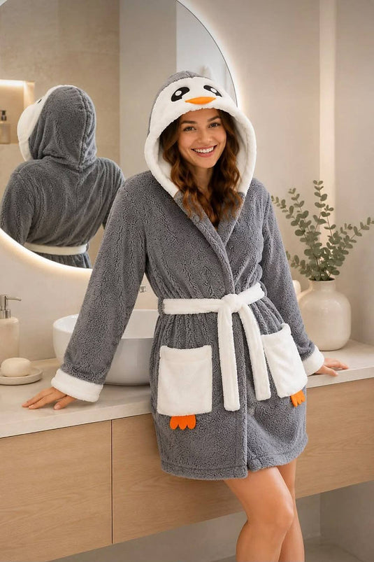 Desenli Kapüşonlu Peluş Bornoz - Sabahlık Gri