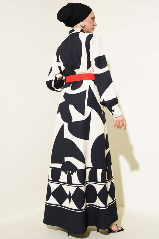 فستان أسود بحزام منقوش