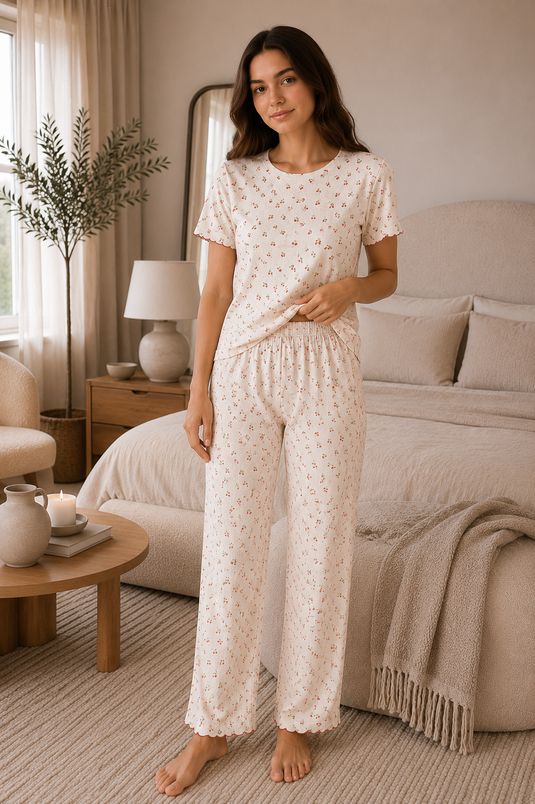 Desenli Kısa Kol Pijama Takımı Beyaz