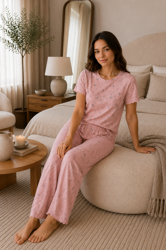 Desenli Kısa Kol Pijama Takımı Pembe