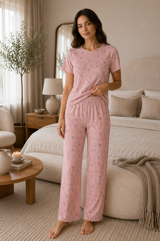 Desenli Kısa Kol Pijama Takımı Pembe