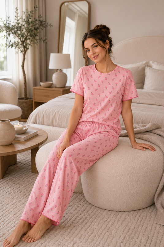 Desenli Kısa Kol Pijama Takımı Pudra