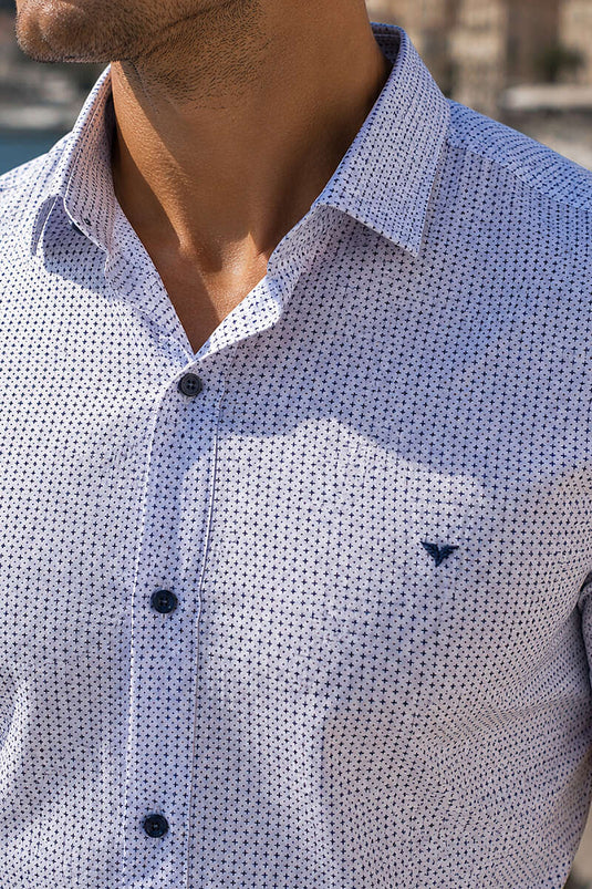Desenli Kısa Kol Slim Fit Erkek Gömlek Beyaz