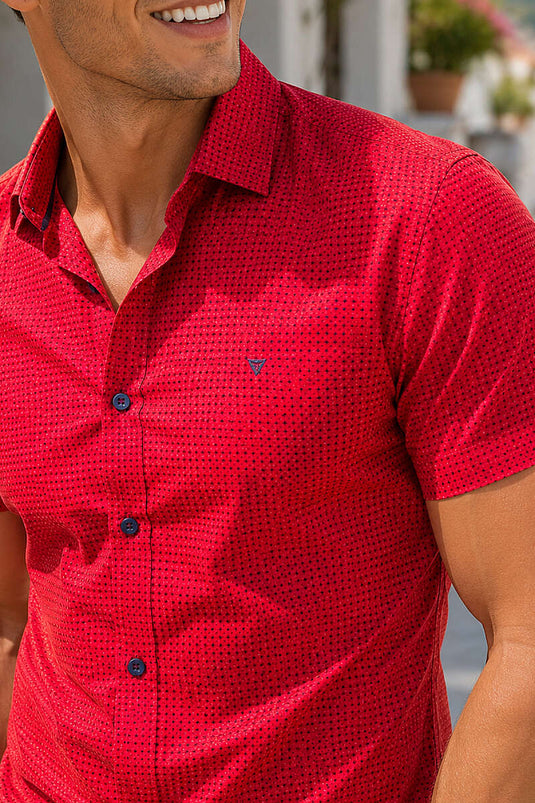 Desenli Kısa Kol Slim Fit Erkek Gömlek Kırmızı