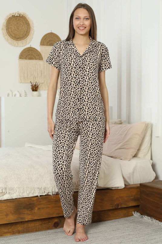 Desenli Kruvaze Yaka Kısa Kol Pijama Takımı Leopar