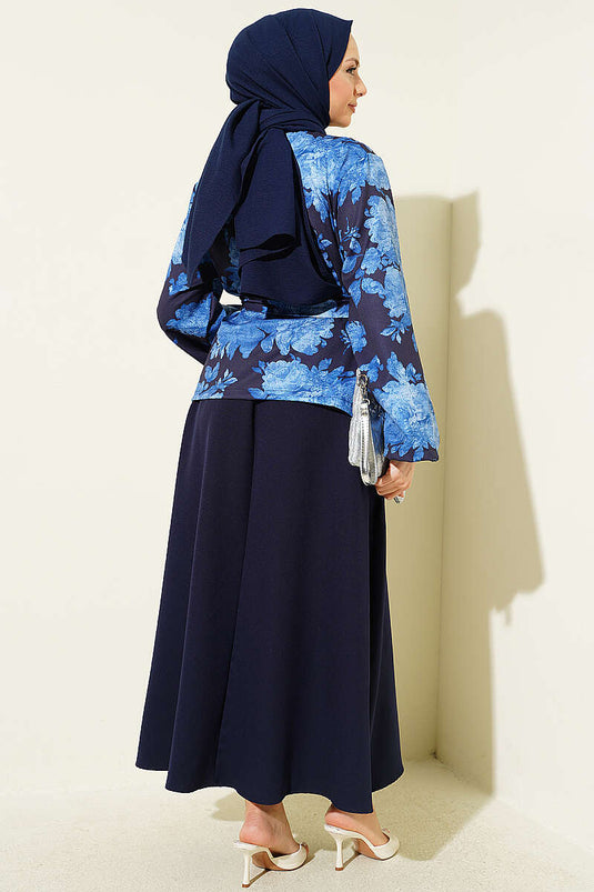 Ensemble deux pièces à jupe double avec ceinture à motifs, bleu marine