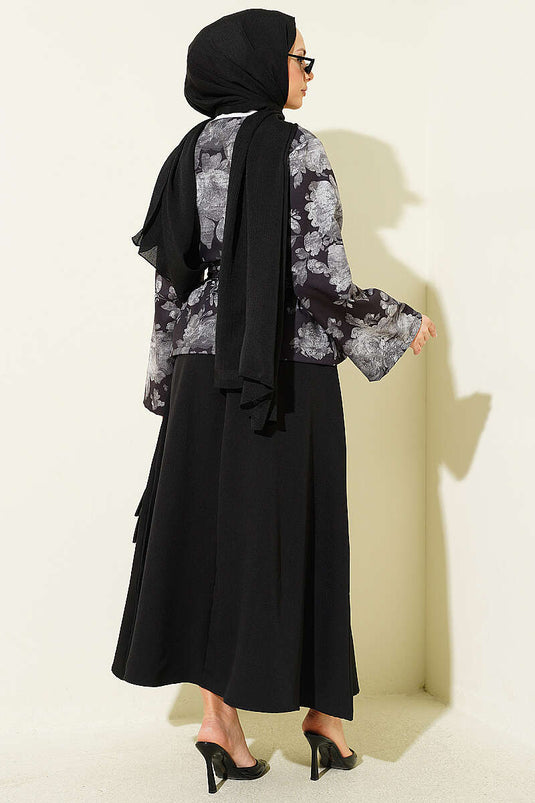 Ensemble deux pièces noir à jupe double avec ceinture à motif