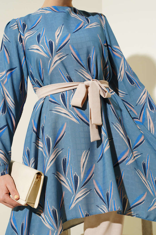 Patterned Belted Tunic Two-Piece Suit Indigo