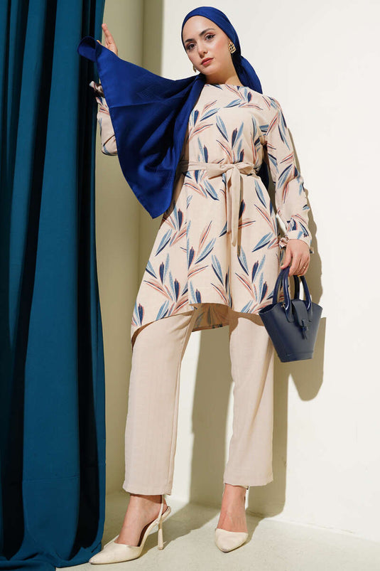 Patterned Belted Tunic Two Piece Set Blue