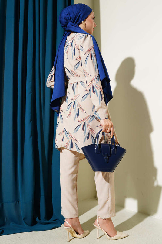 Patterned Belted Tunic Two Piece Set Blue