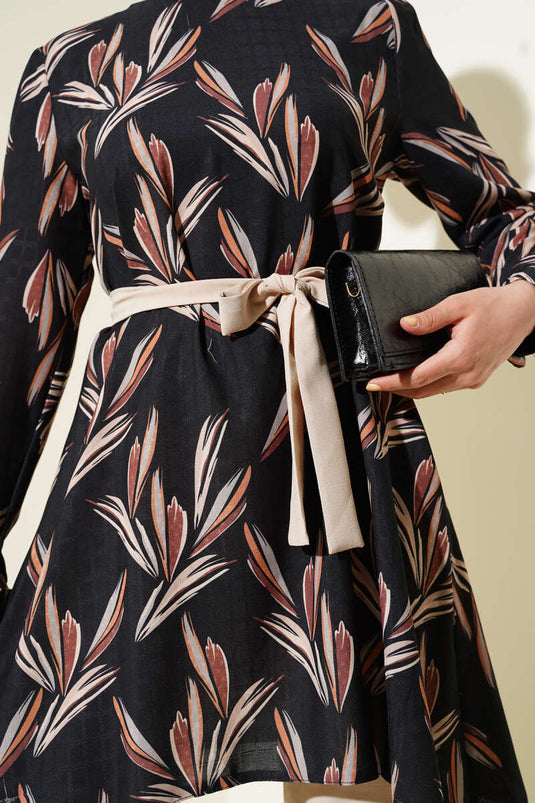 Patterned Belted Tunic Two Piece Set Black