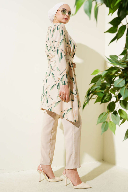 Patterned Belted Tunic Two-Piece Set Green