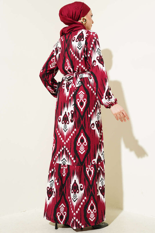 Robe à volants ceinturée à motifs, bordeaux