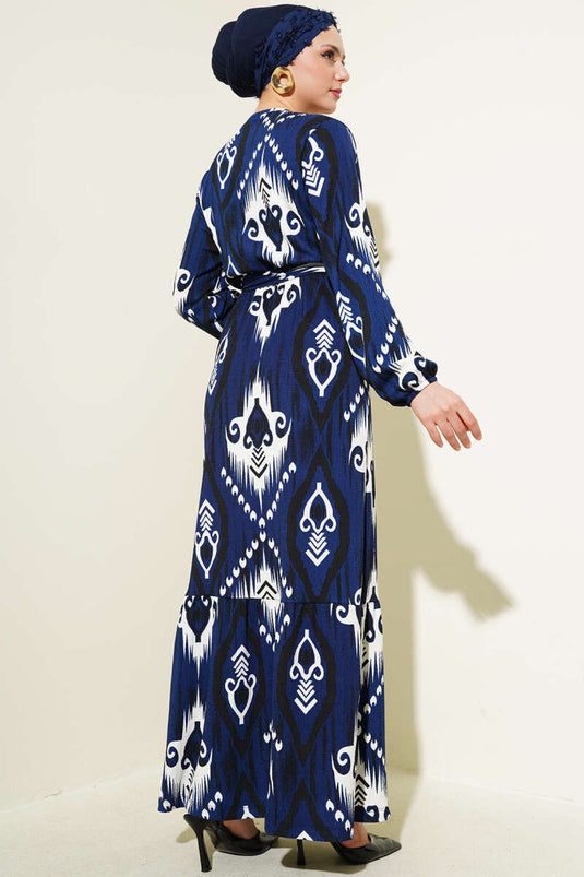 Robe à volants ceinturée à motifs bleu marine