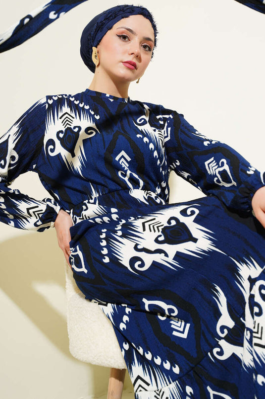 Robe à volants ceinturée à motifs bleu marine