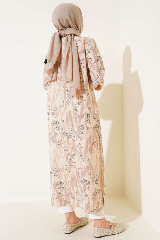 Patterned Metal Button Long Shirt Latte