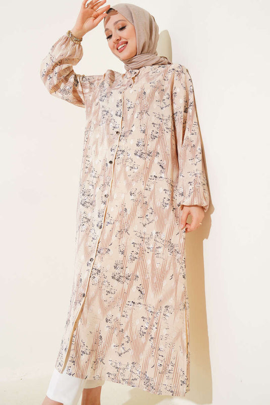 Patterned Metal Button Long Shirt Latte