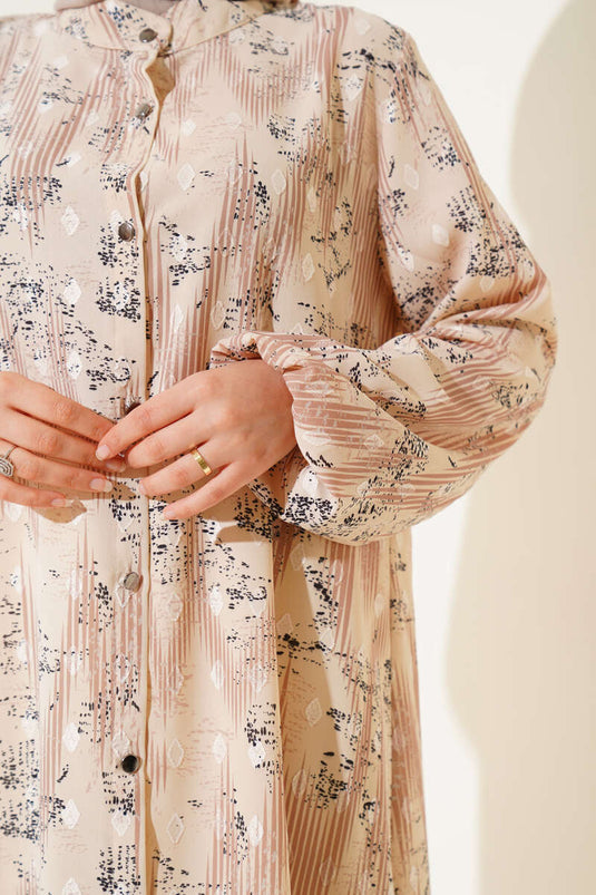 Patterned Metal Button Long Shirt Latte