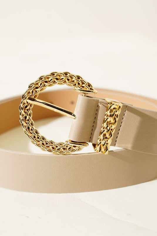 Desenli Metal Tokalı Kemer Bej