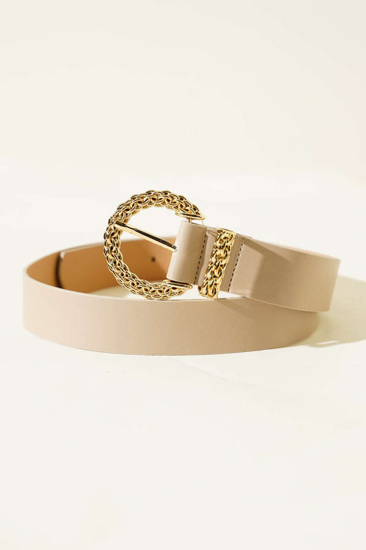 Desenli Metal Tokalı Kemer Bej