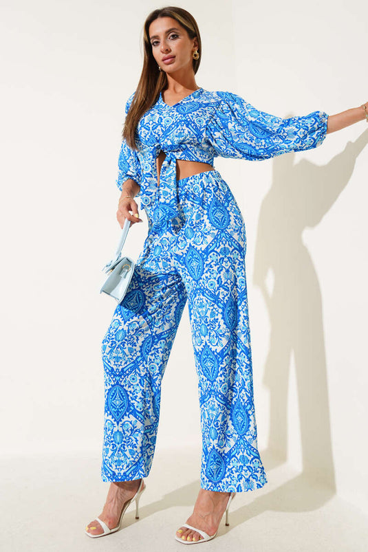 Patterned Front-Tie Two-Piece Set, Blue