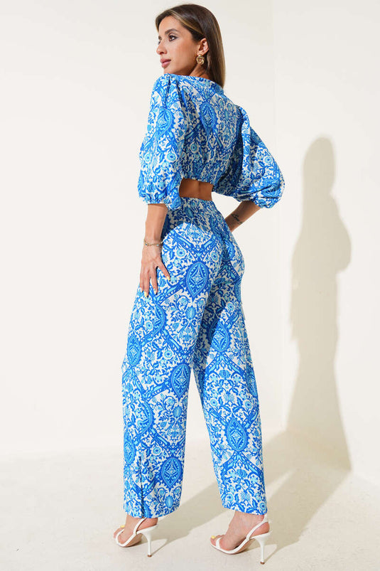 Patterned Front-Tie Two-Piece Set, Blue